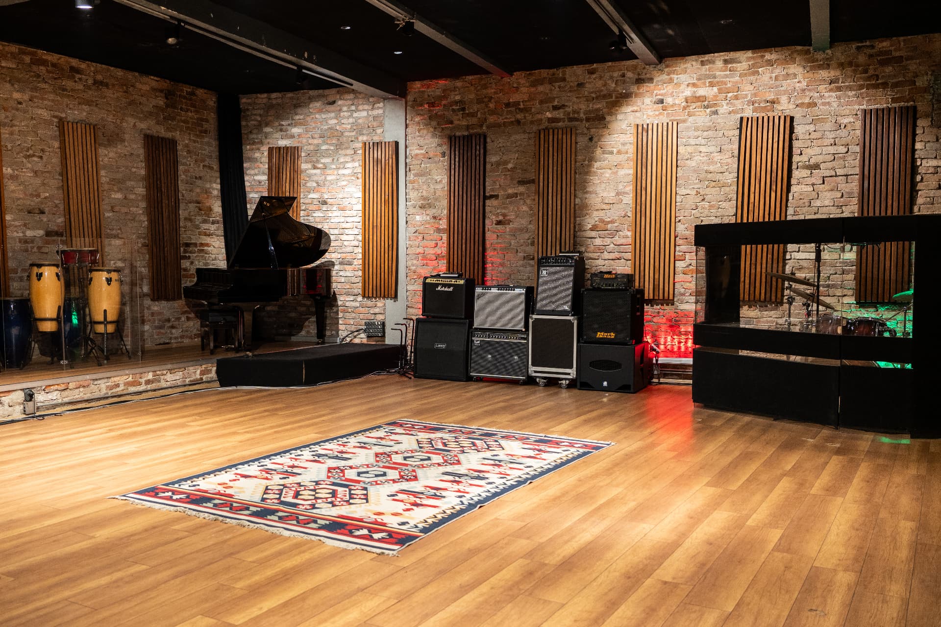 Canavar Studios live room with grand piano and amps